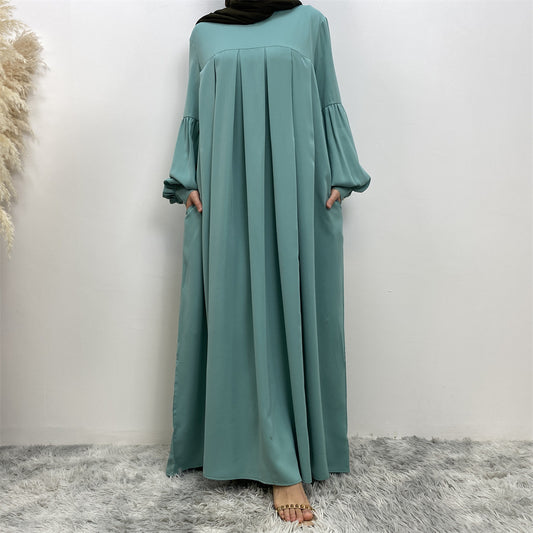 Pleated Round Neck Abaya Dress