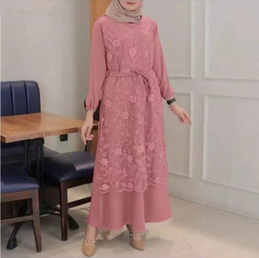 Round Neck Lace Floral Abaya Dress