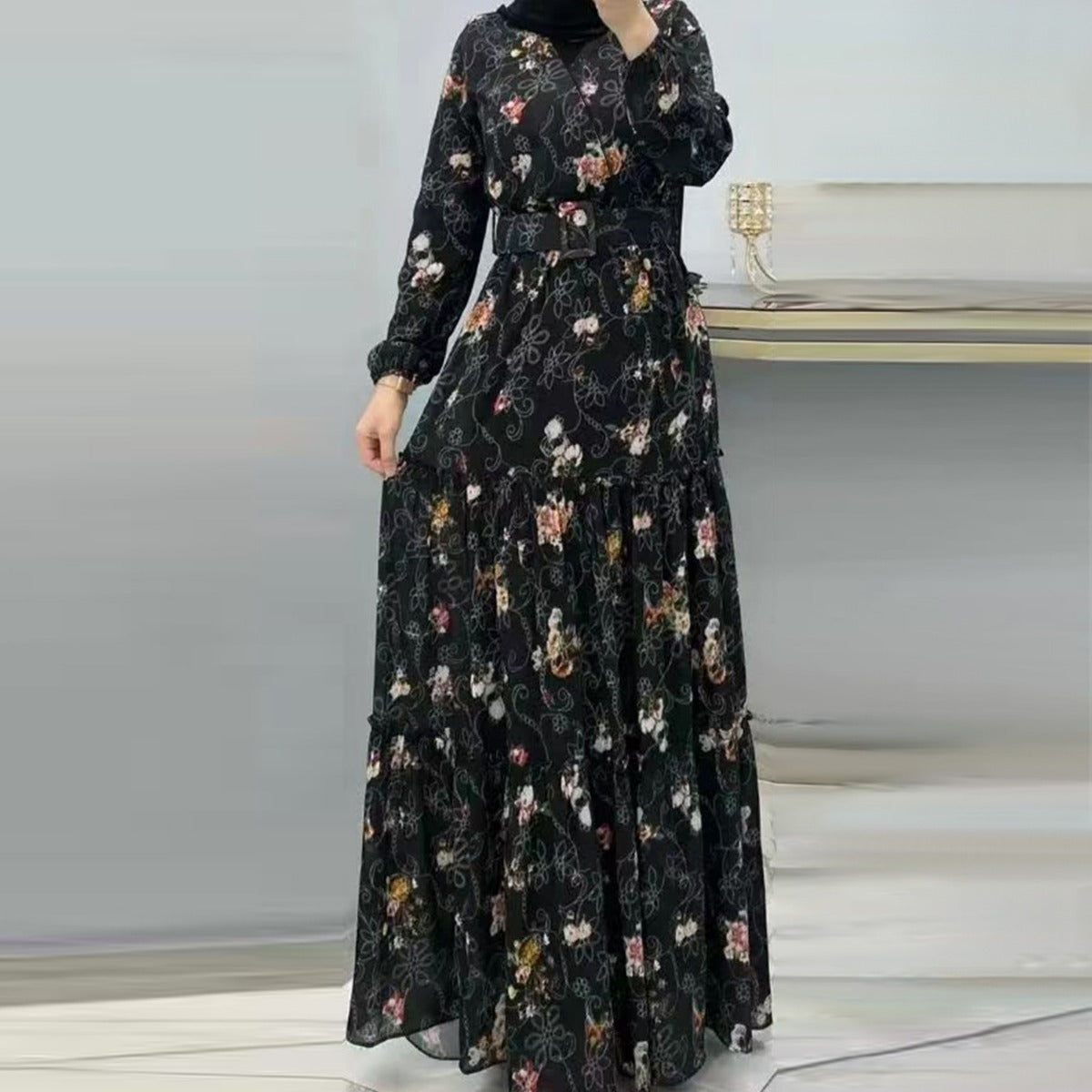 Flower Turtleneck Abaya Dress