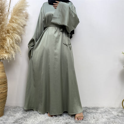 Lace Up Satin Muslim Abaya Dress