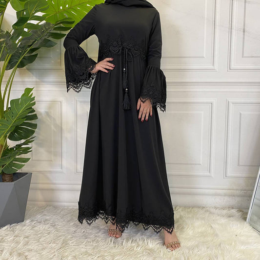 Lace Splice Lace Up Abaya Dress