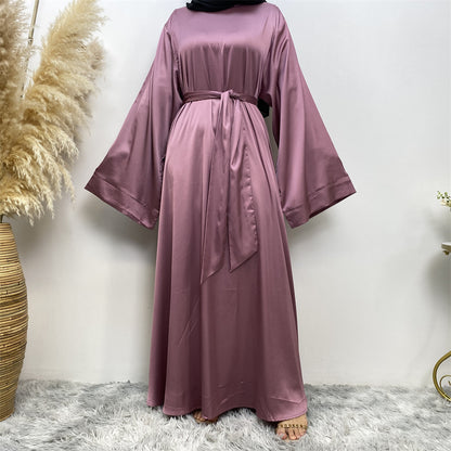 Lace Up Satin Muslim Abaya Dress