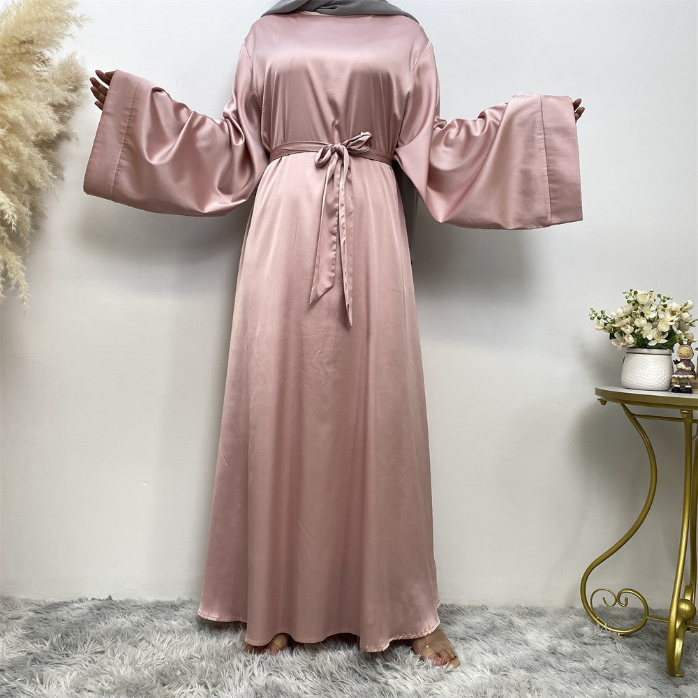 Lace Up Satin Muslim Abaya Dress